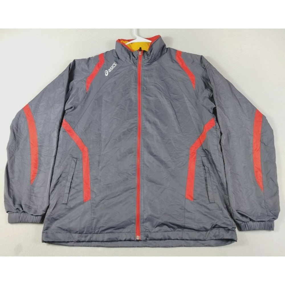 Asics Jacket Mens XL Gray Red Hooded Full Zip Running Windbreaker Reflective